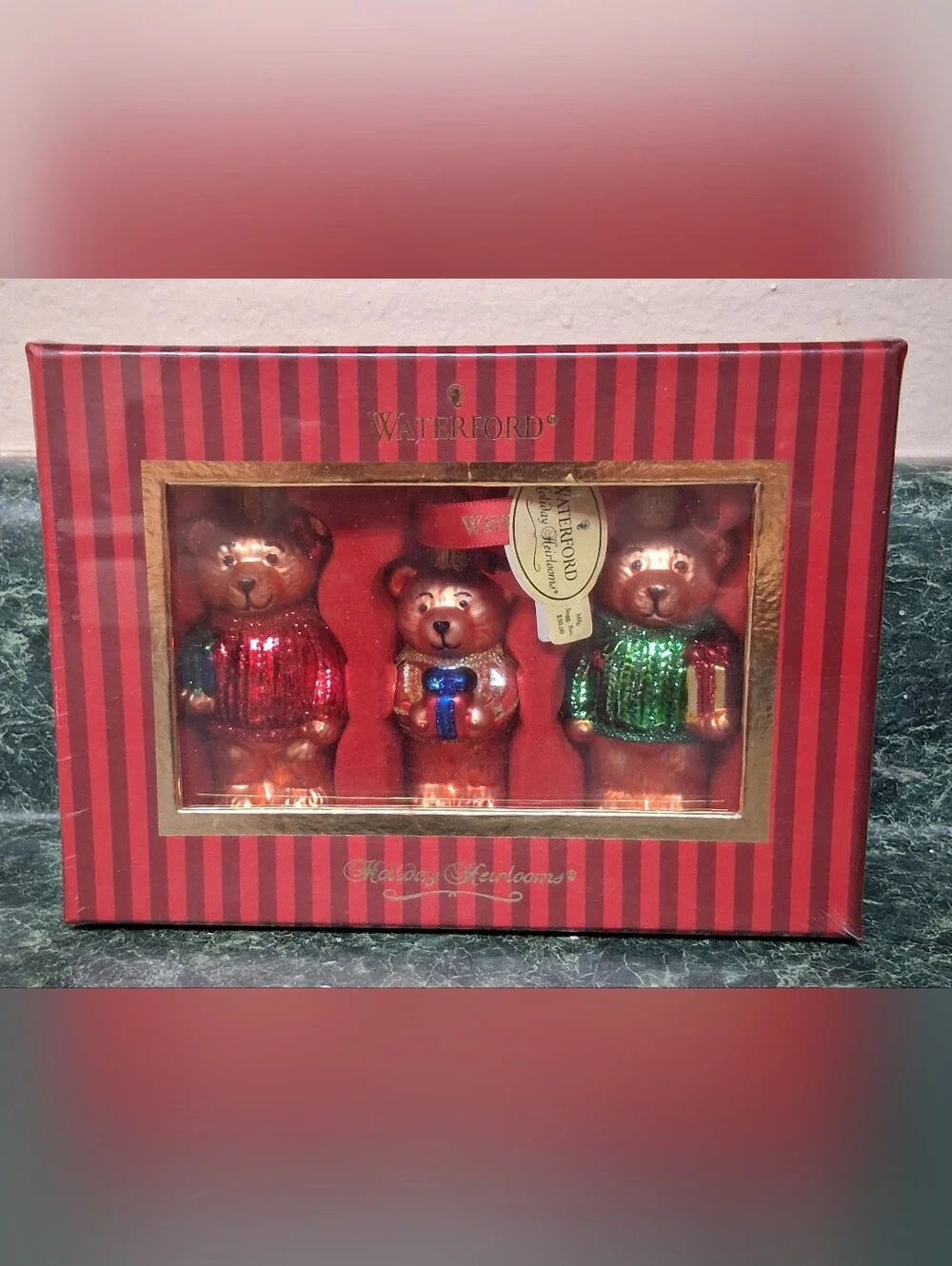 Set 3 Waterford Heirloom Collection Holiday Bear Christmas Ornaments Blown Glass